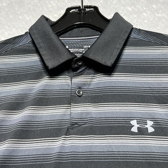 Under Armour Shirt Mens Size Large Gray Striped Short Sleeve Polo Shirt Collared - Picture 4 of 15